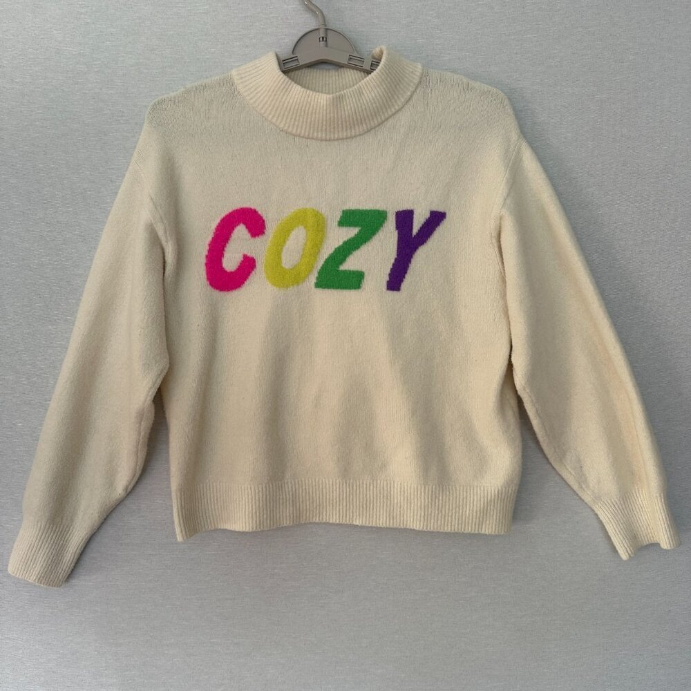 A NEW DAY WOMEN'S COZY KNIT CREWNECK PULLOVER SWEATER IVORY "COZY" GRAPHIC, L